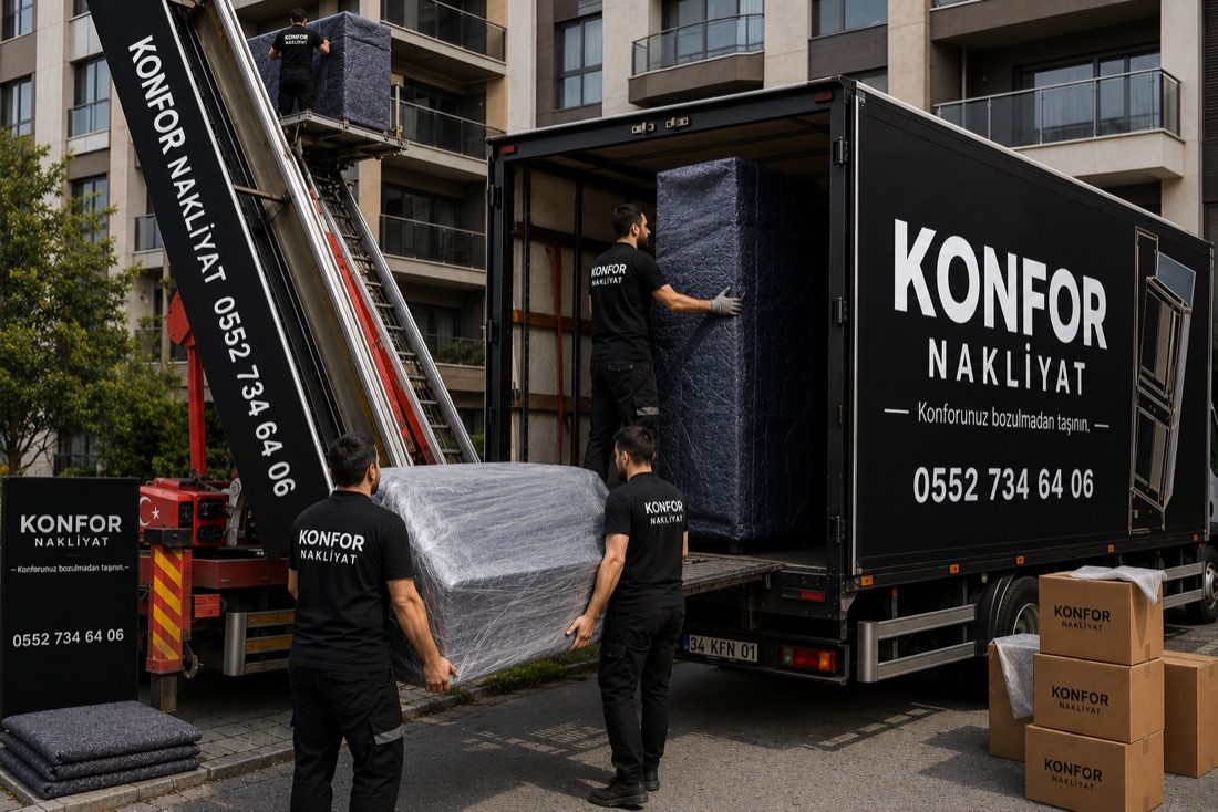 Konfor Nakliyat ekibi üniformalarıyla eşyaları araca yüklerken